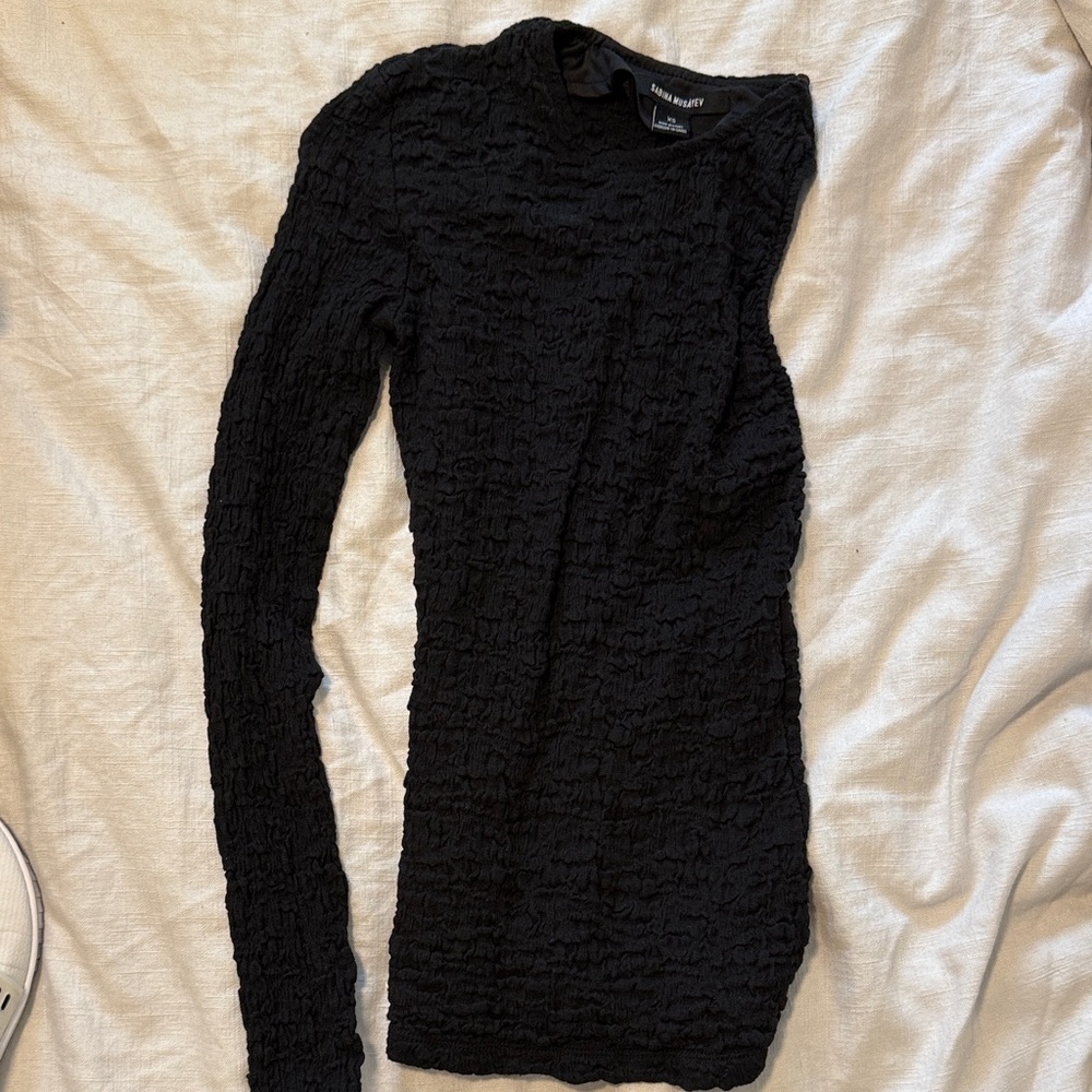 Sabina Musayev Black Crinkle Long Sleeve Dress